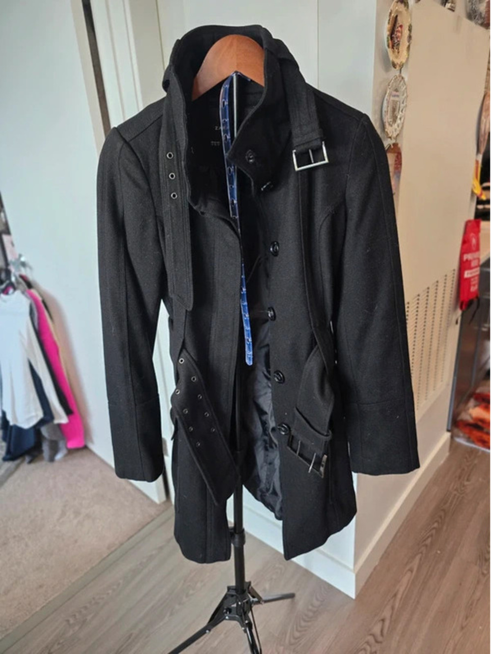 Zara Basic Black Wool Blend Long Coat with Belt